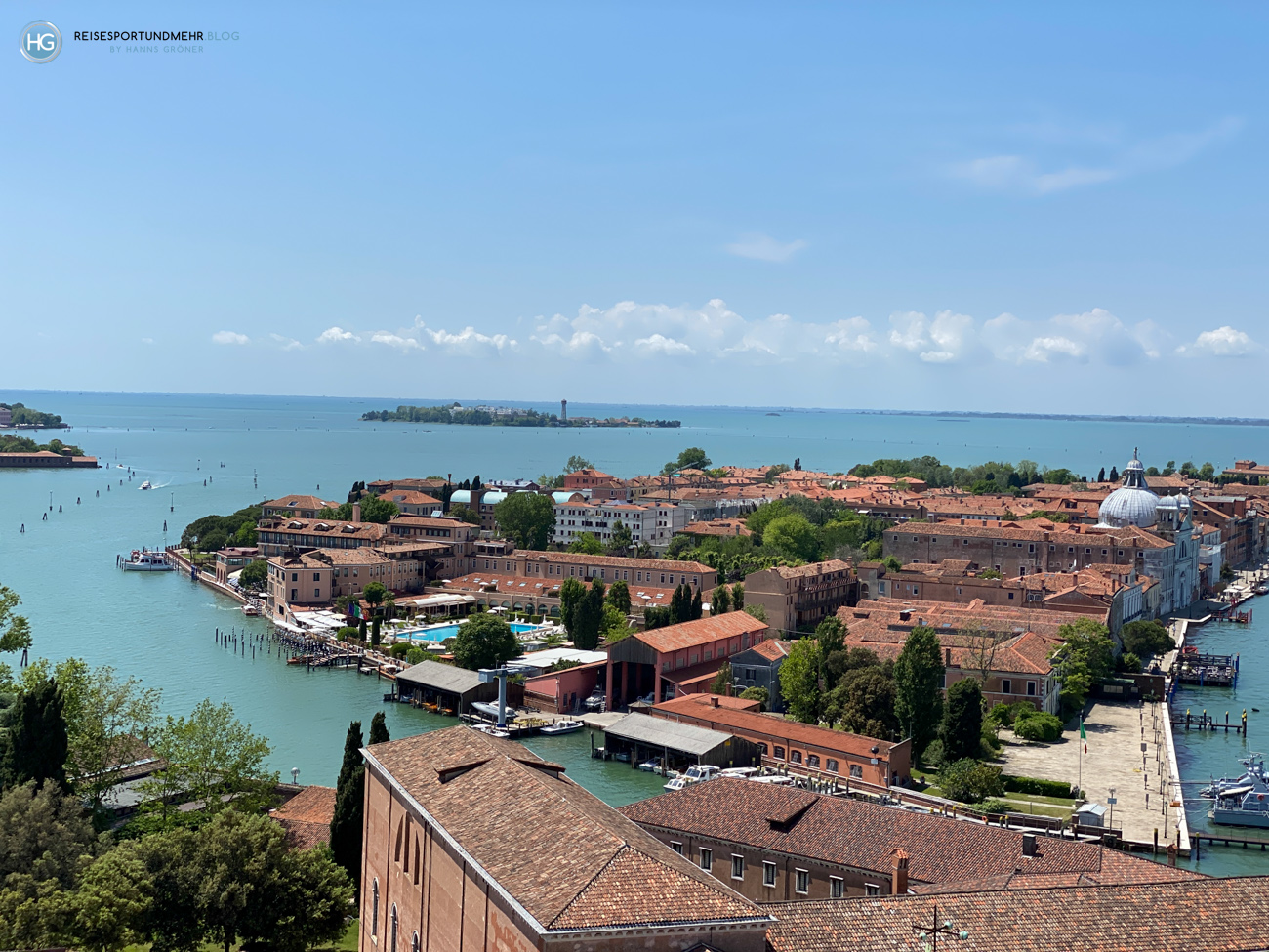 Venedig Pfingsten 2021 - wunderbare Aussicht vom Glockenturm San Giorgio Richtung Giudecca und das Hotel Cipriani (Foto: Hanns Gröner)