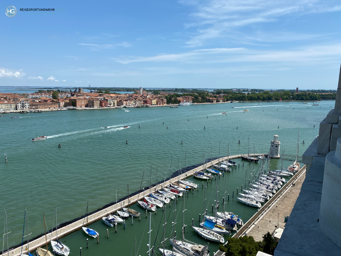 Venedig Pfingsten 2021 - wunderbare Aussicht vom Glockenturm San Giorgio Richtung Arsenale und Giardini (Foto: Hanns Gröner)