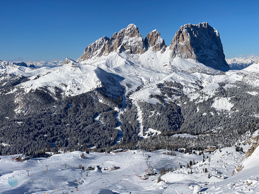 Blick vom Belvedere auf den Langkofel im Dezember 2022 (Foto: Hanns Gröner)